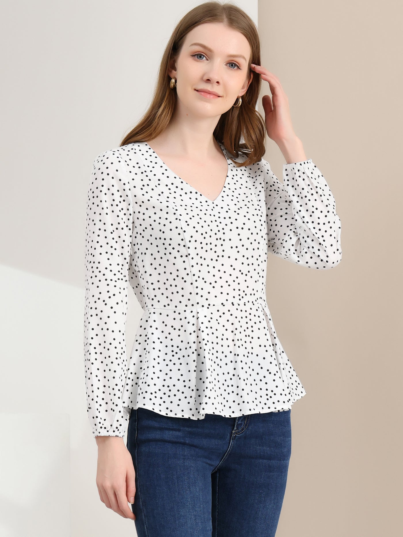 Allegra K Dots Retro V Neck Long Sleeve Work Peplum Blouse Top