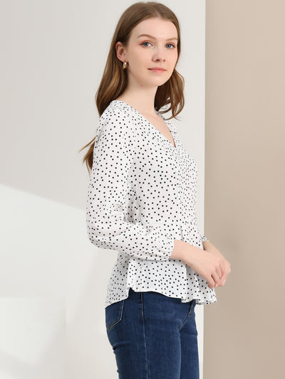 Dots Retro V Neck Long Sleeve Work Peplum Blouse Top