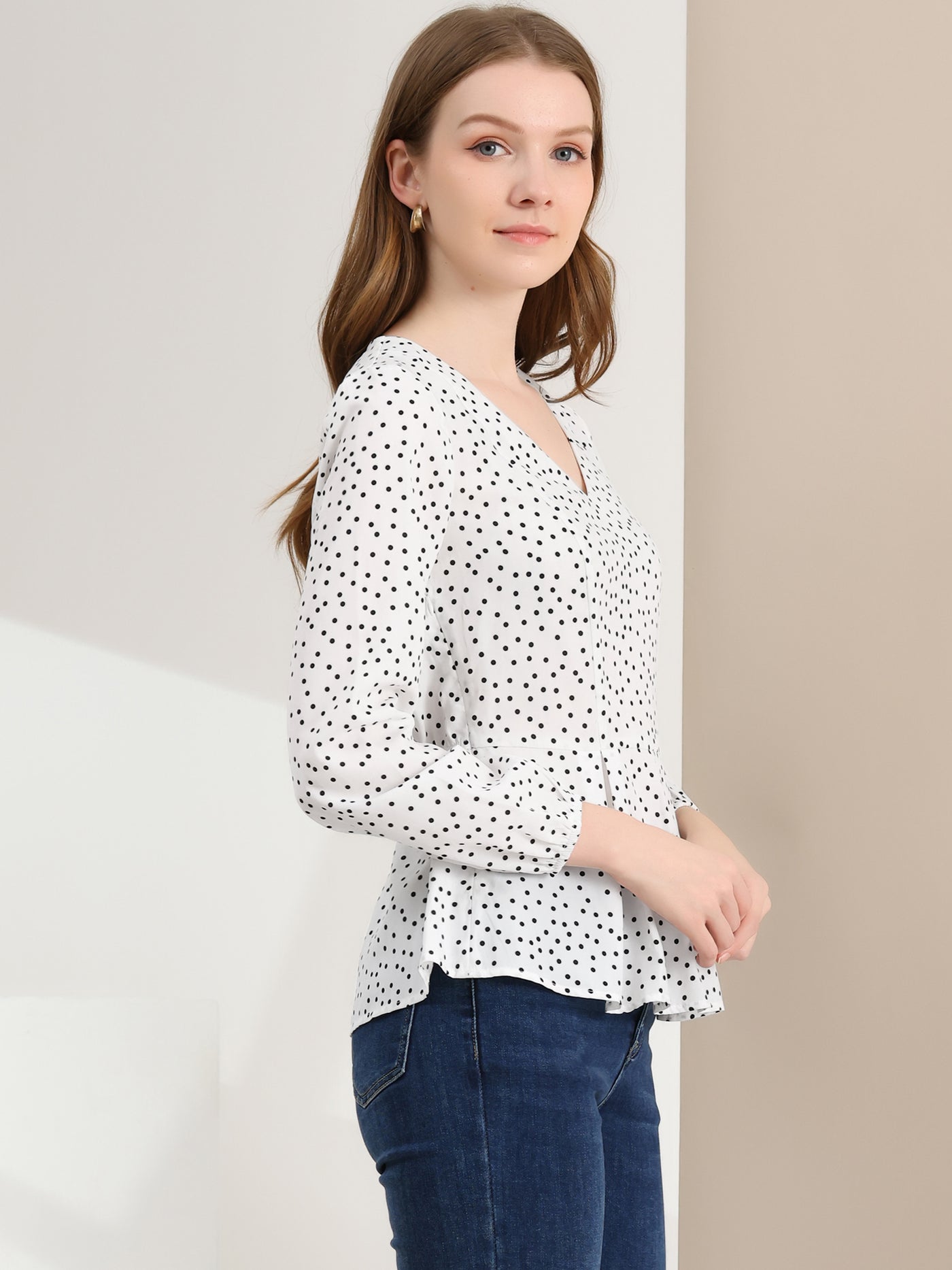 Allegra K Dots Retro V Neck Long Sleeve Work Peplum Blouse Top