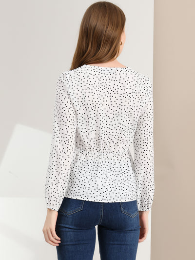 Dots Retro V Neck Long Sleeve Work Peplum Blouse Top