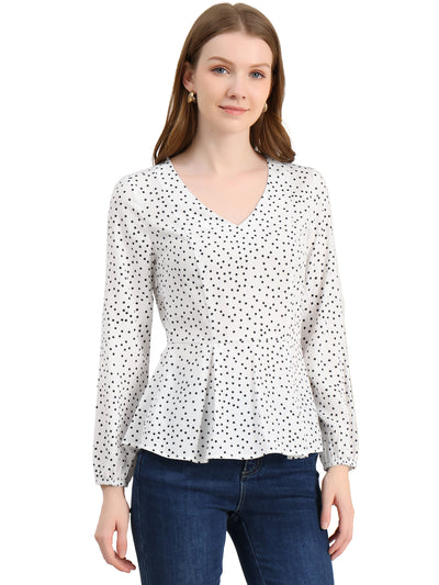 Dots Retro V Neck Long Sleeve Work Peplum Blouse Top