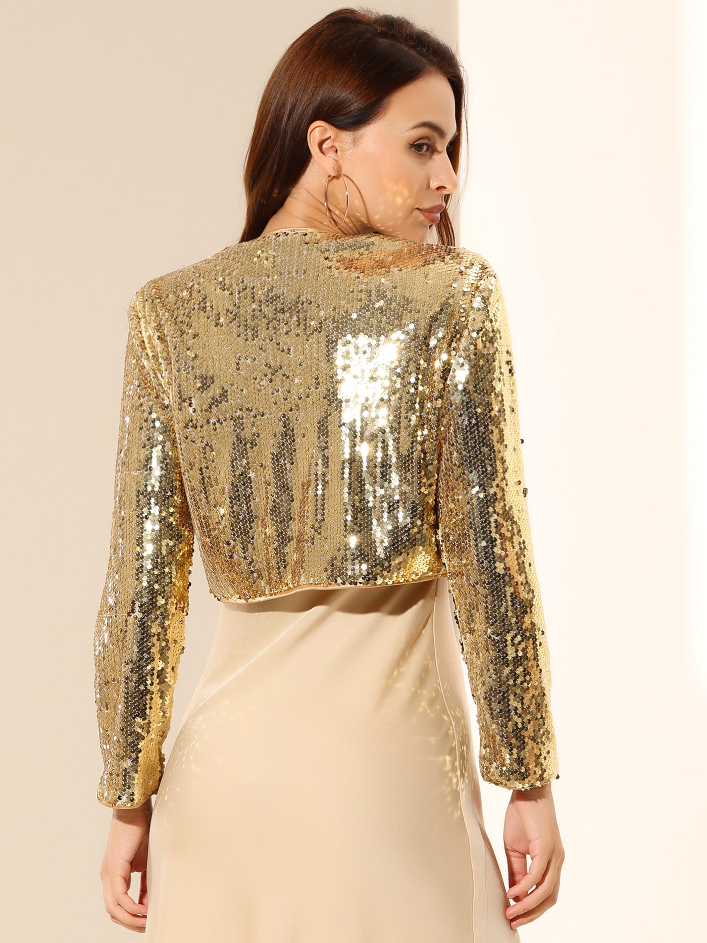 Allegra K Sequin Jacket Party Long Sleeve Open Front Crop Cardigan Bolero Shrug