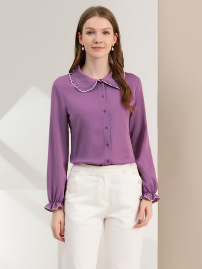 Sweet Ruffle Peter Pan Collar Long Sleeve Button Up Shirt