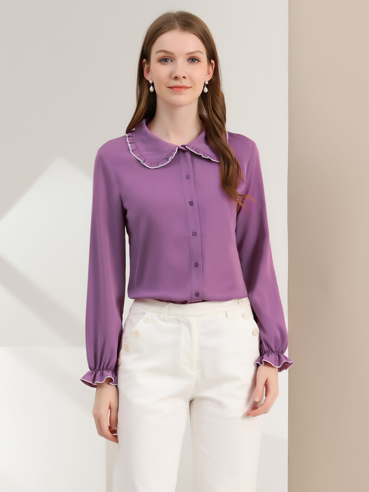 Allegra K Sweet Ruffle Peter Pan Collar Long Sleeve Button Up Shirt