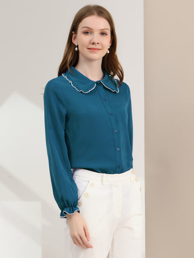 Sweet Ruffle Peter Pan Collar Long Sleeve Button Up Shirt