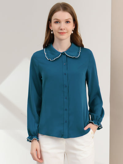 Sweet Ruffle Peter Pan Collar Long Sleeve Button Up Shirt