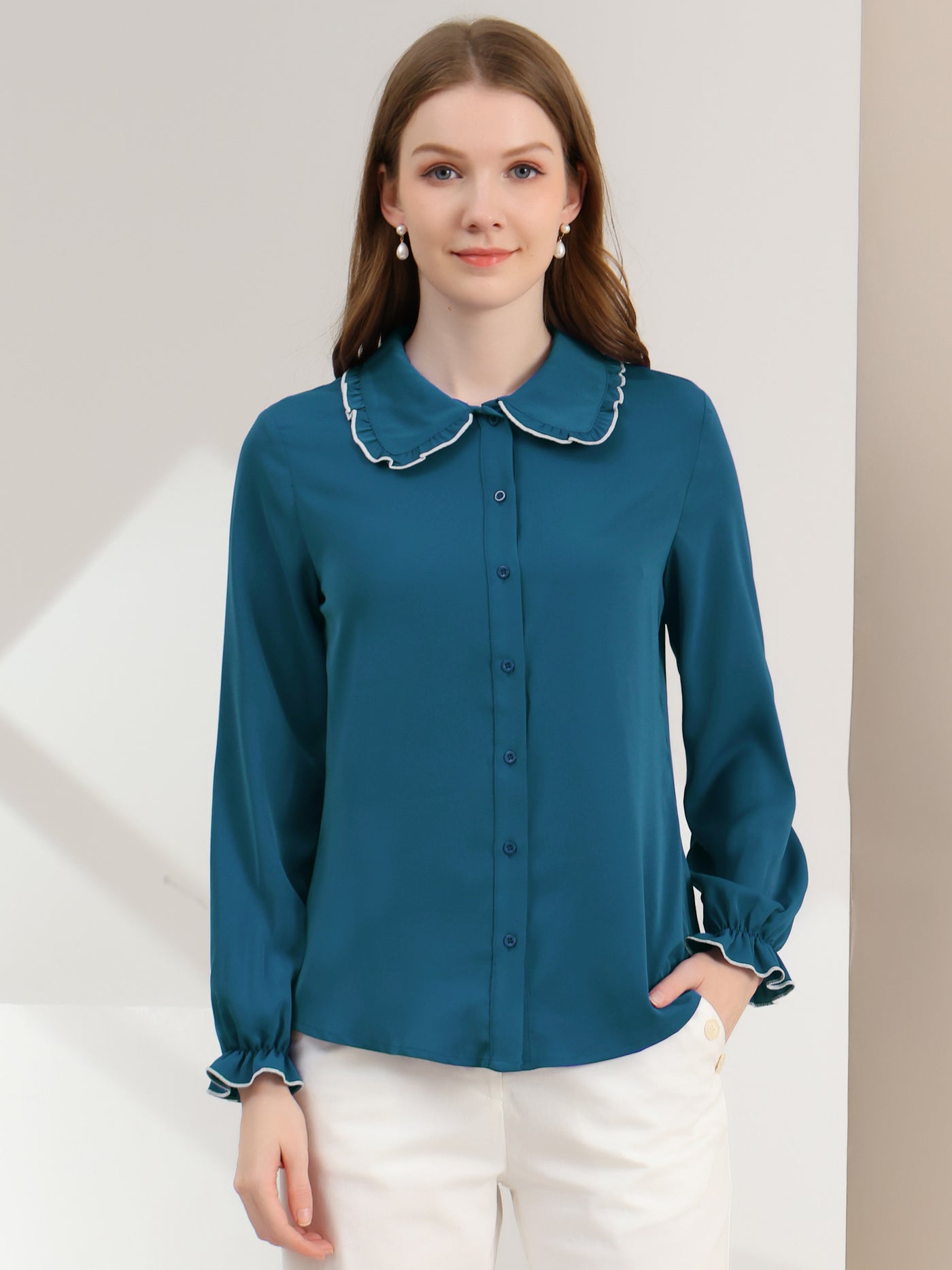 Allegra K Sweet Ruffle Peter Pan Collar Long Sleeve Button Up Shirt