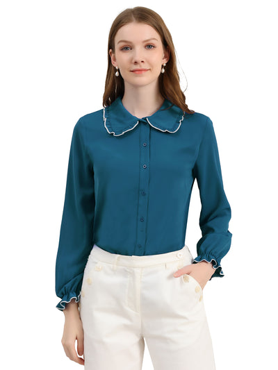 Sweet Ruffle Peter Pan Collar Long Sleeve Button Up Shirt