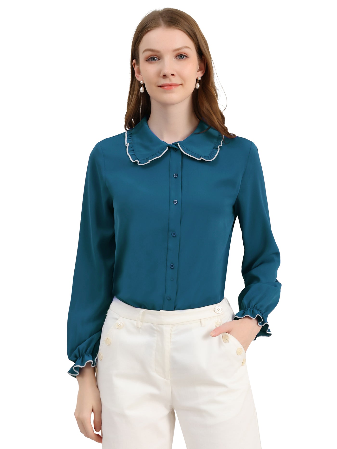 Allegra K Sweet Ruffle Peter Pan Collar Long Sleeve Button Up Shirt