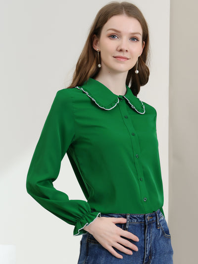 Sweet Ruffle Peter Pan Collar Long Sleeve Button Up Shirt