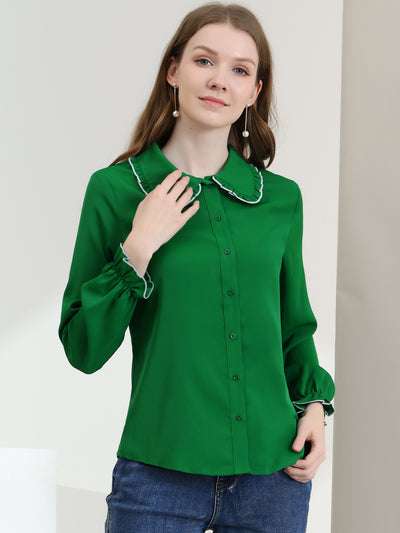 Sweet Ruffle Peter Pan Collar Long Sleeve Button Up Shirt