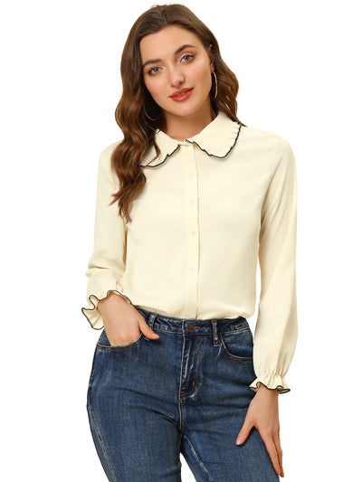 Sweet Ruffle Peter Pan Collar Long Sleeve Button Up Shirt