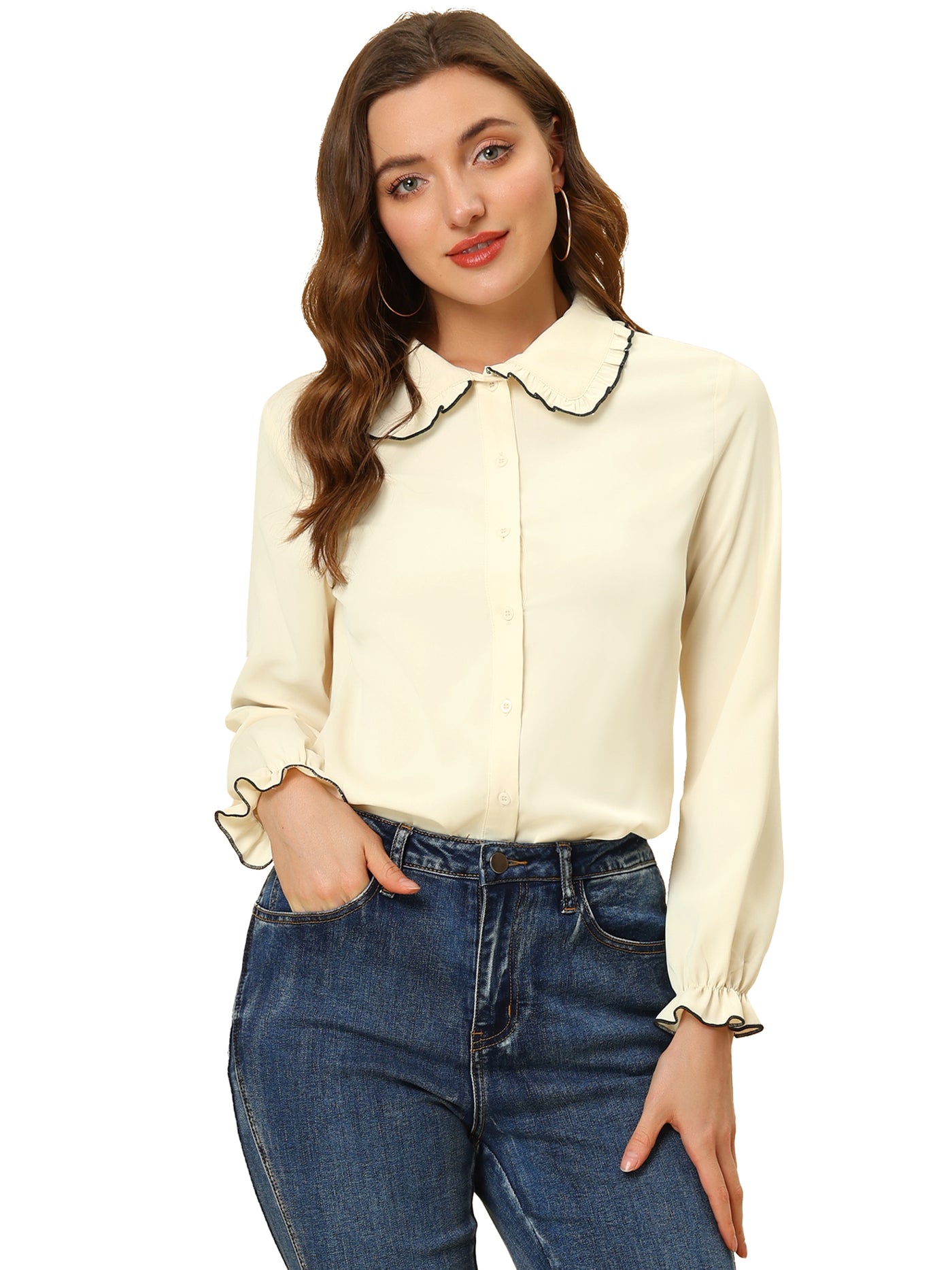 Allegra K Sweet Ruffle Peter Pan Collar Long Sleeve Button Up Shirt