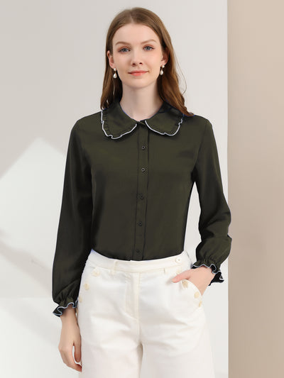 Sweet Ruffle Peter Pan Collar Long Sleeve Button Up Shirt