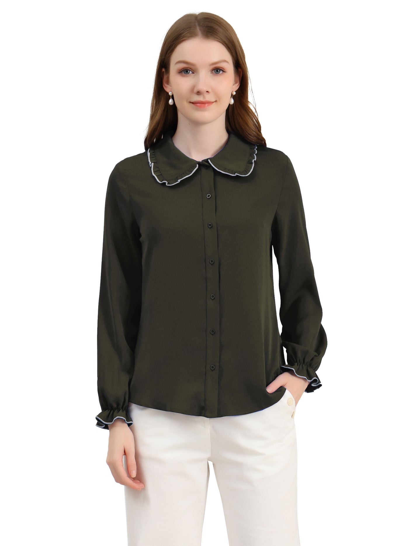 Allegra K Sweet Ruffle Peter Pan Collar Long Sleeve Button Up Shirt