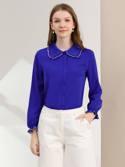 Sweet Ruffle Peter Pan Collar Long Sleeve Button Up Shirt