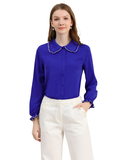 Sweet Ruffle Peter Pan Collar Long Sleeve Button Up Shirt