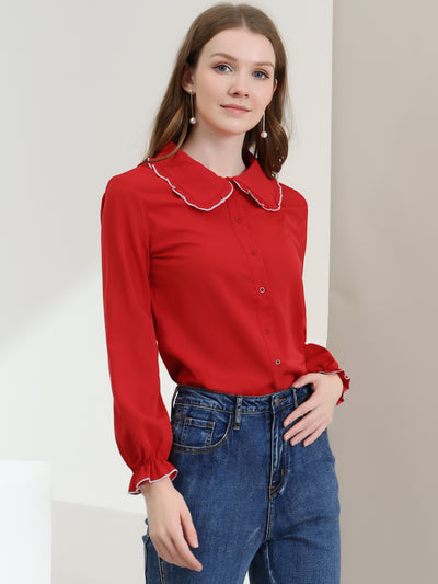 Sweet Ruffle Peter Pan Collar Long Sleeve Button Up Shirt