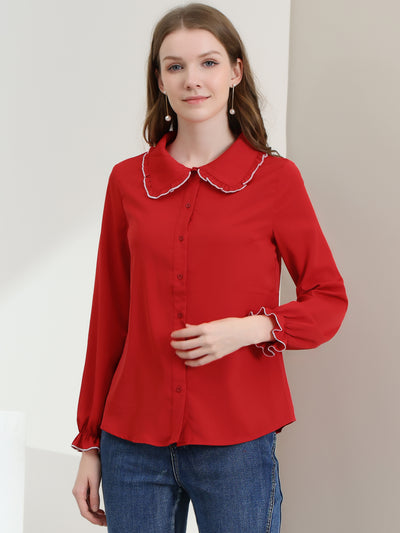 Sweet Ruffle Peter Pan Collar Long Sleeve Button Up Shirt