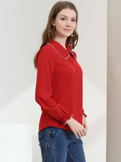 Sweet Ruffle Peter Pan Collar Long Sleeve Button Up Shirt