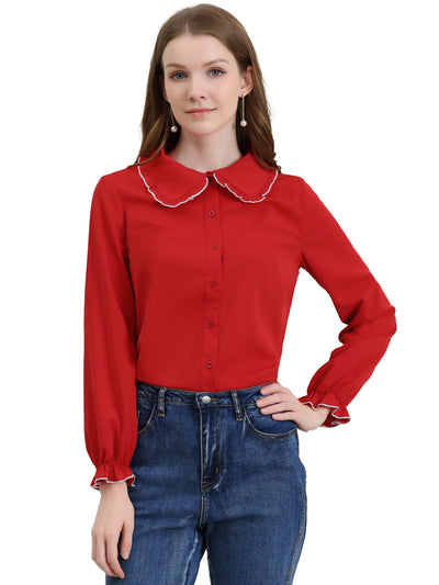 Sweet Ruffle Peter Pan Collar Long Sleeve Button Up Shirt