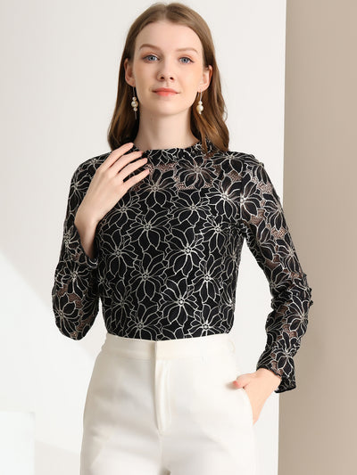 See Through Ruffle Frill Neck Long Sleeve Floral Lace Blouse