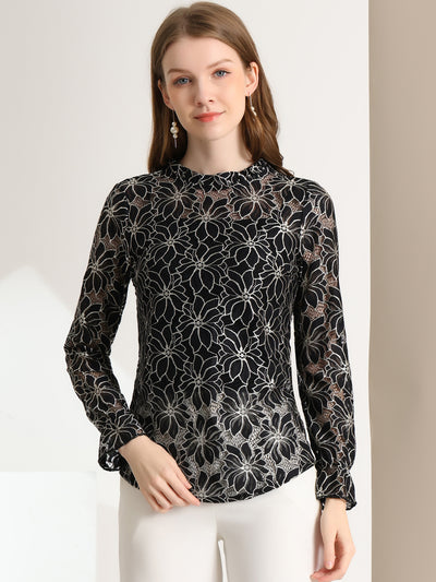 See Through Ruffle Frill Neck Long Sleeve Floral Lace Blouse