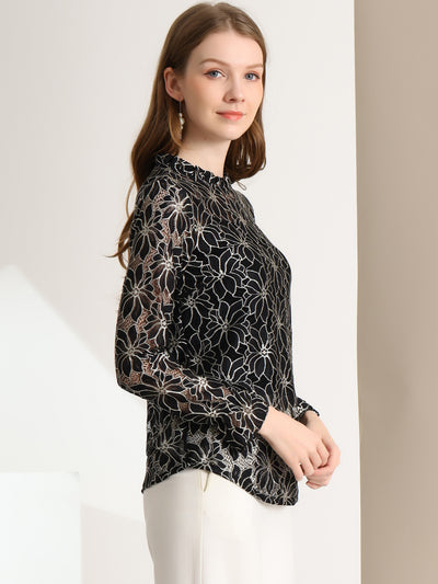 See Through Ruffle Frill Neck Long Sleeve Floral Lace Blouse