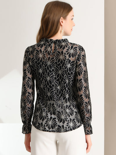 See Through Ruffle Frill Neck Long Sleeve Floral Lace Blouse