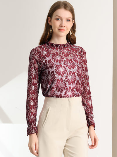 See Through Ruffle Frill Neck Long Sleeve Floral Lace Blouse