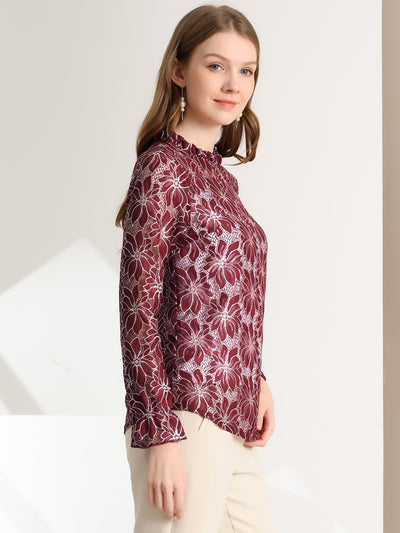 See Through Ruffle Frill Neck Long Sleeve Floral Lace Blouse