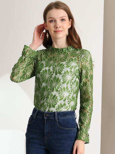 See Through Ruffle Frill Neck Long Sleeve Floral Lace Blouse