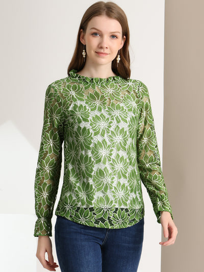 See Through Ruffle Frill Neck Long Sleeve Floral Lace Blouse