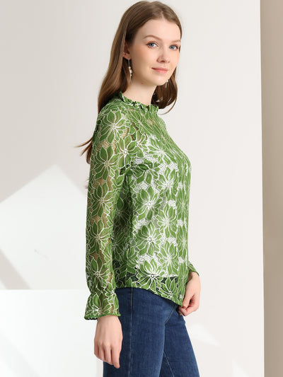 See Through Ruffle Frill Neck Long Sleeve Floral Lace Blouse