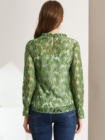 See Through Ruffle Frill Neck Long Sleeve Floral Lace Blouse