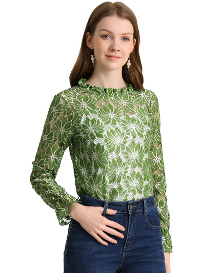 See Through Ruffle Frill Neck Long Sleeve Floral Lace Blouse