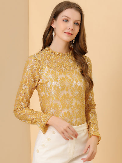 See Through Ruffle Frill Neck Long Sleeve Floral Lace Blouse