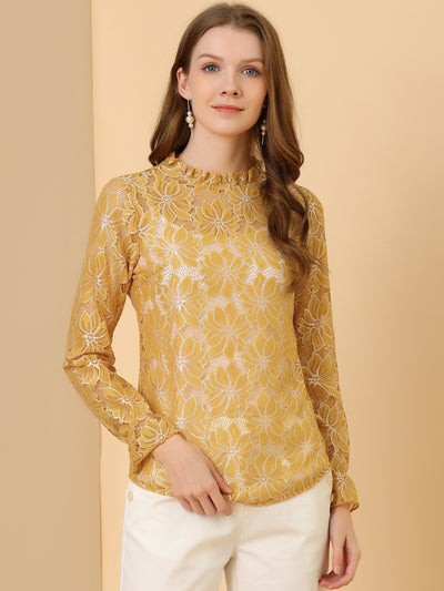 See Through Ruffle Frill Neck Long Sleeve Floral Lace Blouse