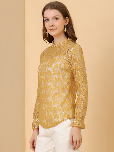 See Through Ruffle Frill Neck Long Sleeve Floral Lace Blouse