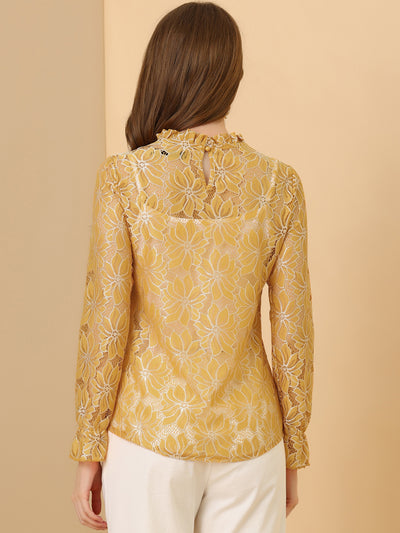 See Through Ruffle Frill Neck Long Sleeve Floral Lace Blouse