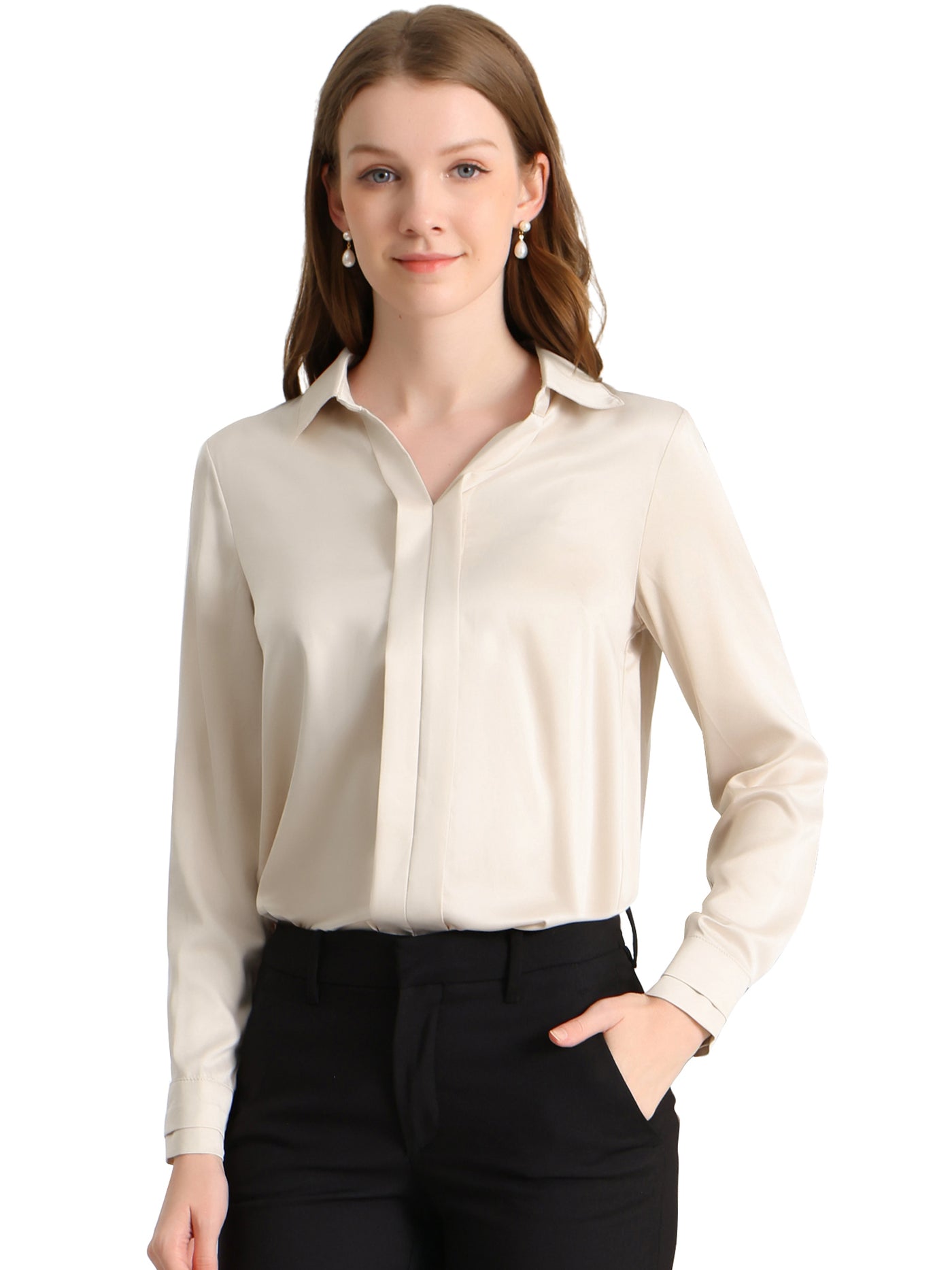 Allegra K Satin Elegant V Neck Long Sleeve Silky Office Work Blouse