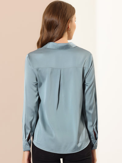 Satin V Neck Long Sleeve Silky Office Work Solid Shirt