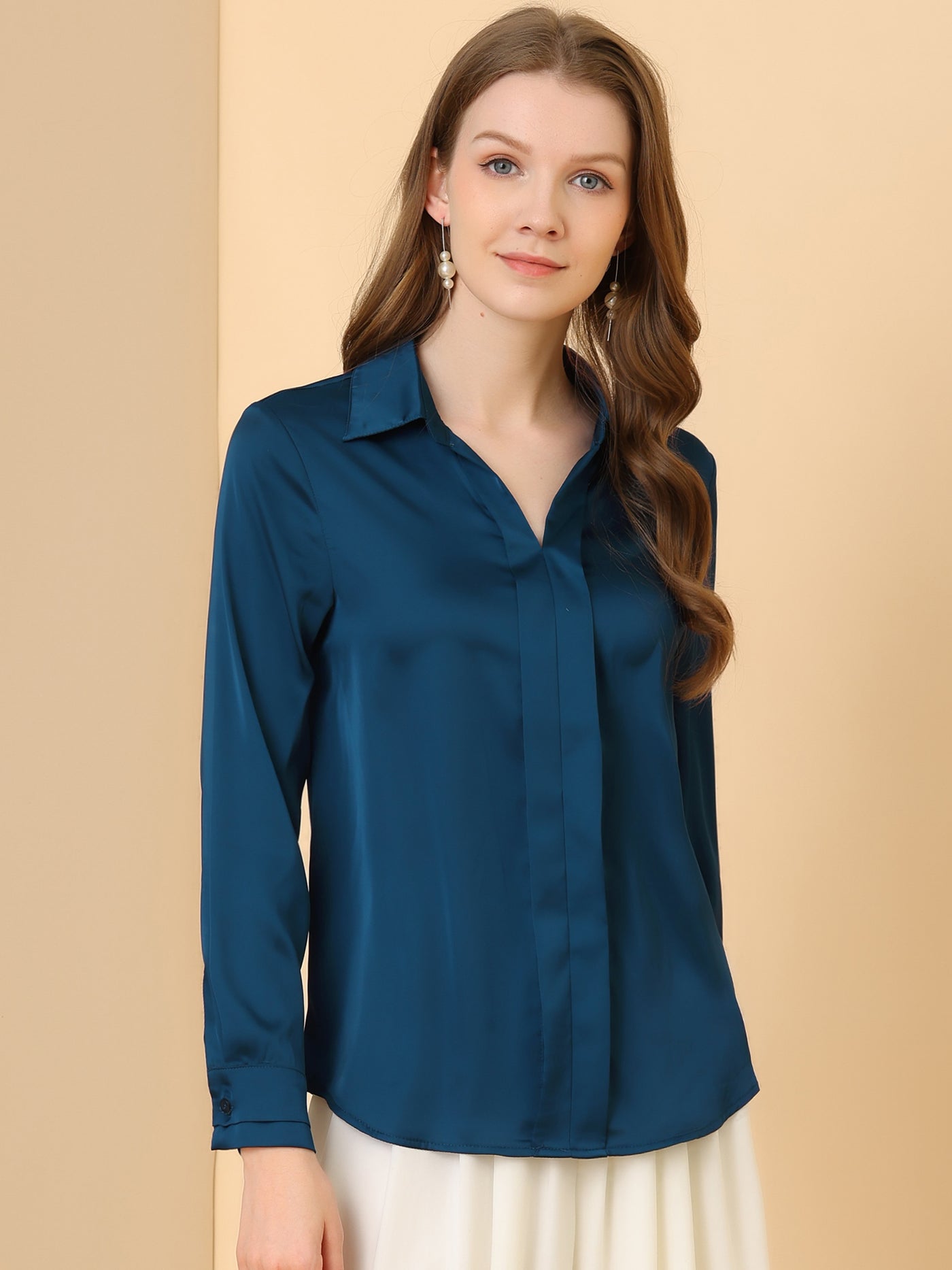 Allegra K Satin Blouse Elegant V Neck Long Sleeve Silky Office Work Shirt