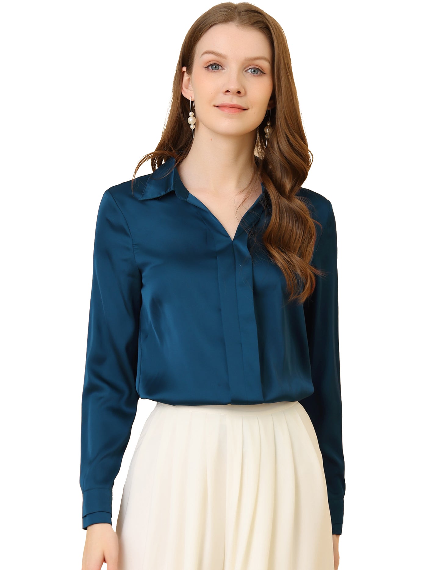 Allegra K Satin Blouse Elegant V Neck Long Sleeve Silky Office Work Shirt