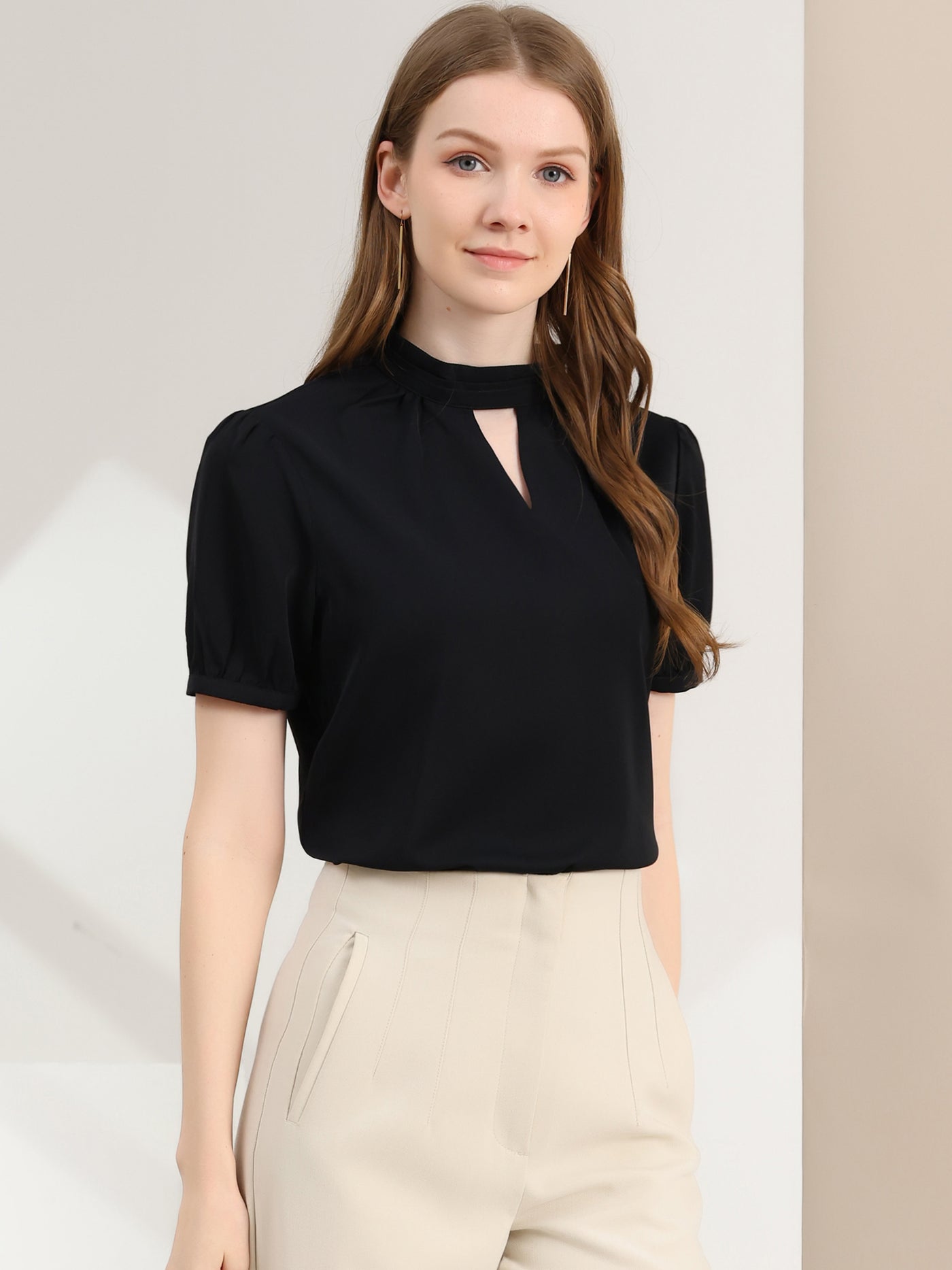 Allegra K Office Elegant Stand Collar Short Sleeve Cut Out Keyhole Blouse