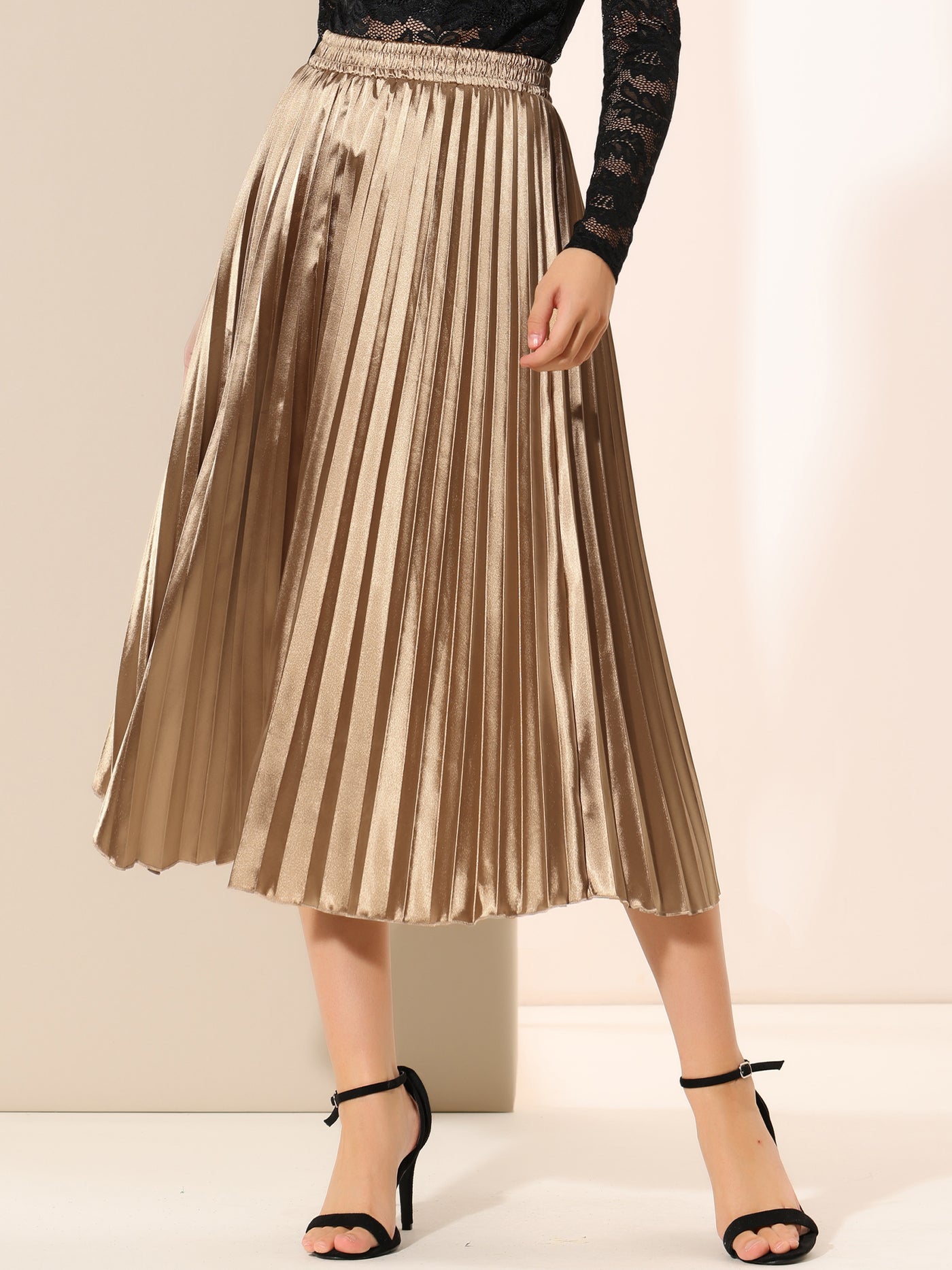 Allegra K Elastic Waist Metallic Shiny Accordion Pleated Midi Skirt