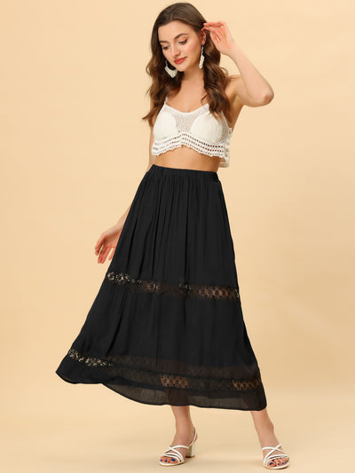 Long Elastic Waist Swing A-Line Lace Insert Maxi Skirt