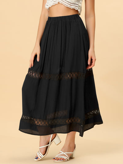 Long Elastic Waist Swing A-Line Lace Insert Maxi Skirt