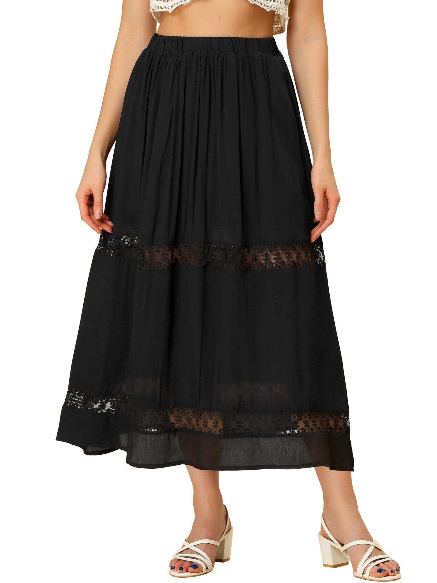 Allegra K Long Elastic Waist Swing A-Line Lace Insert Maxi Skirt