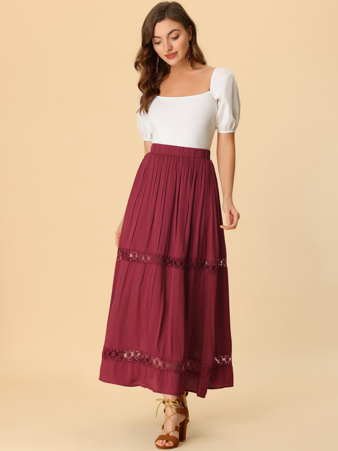 Allegra K Long Elastic Waist Swing A-Line Lace Insert Maxi Skirt